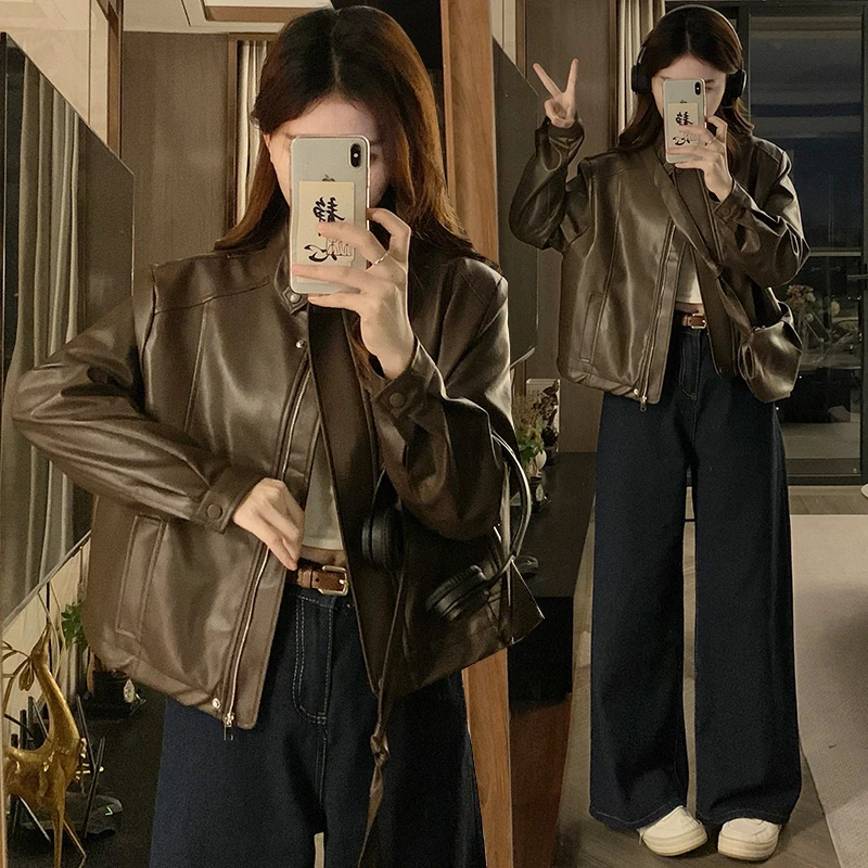 实拍2025秋季港风复古立领宽松机车PU蛋白皮衣外套女皮夹克＋包包