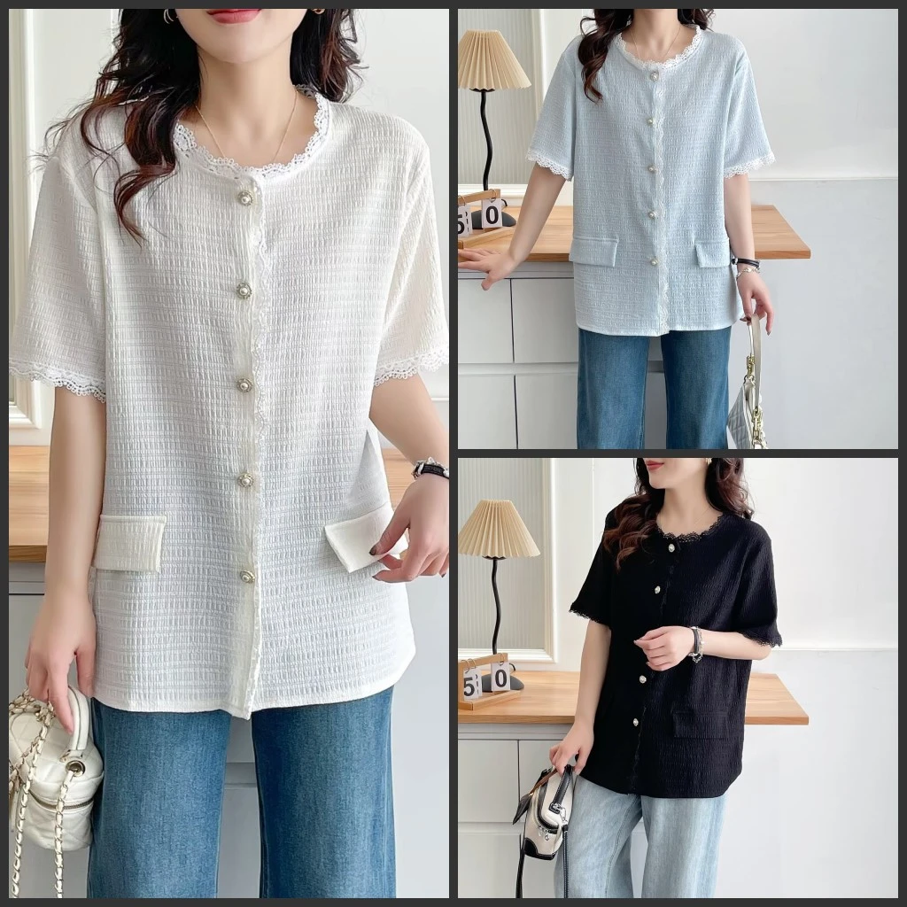 梦冬佳--120-200斤大码女装小香风花边短袖上衣遮肚子显瘦半袖衫