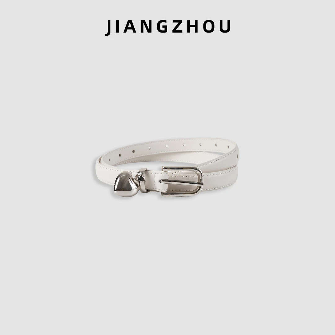江洲【爱洛】简约百搭银扣金属圈新款时尚百搭心形装饰白色细腰带