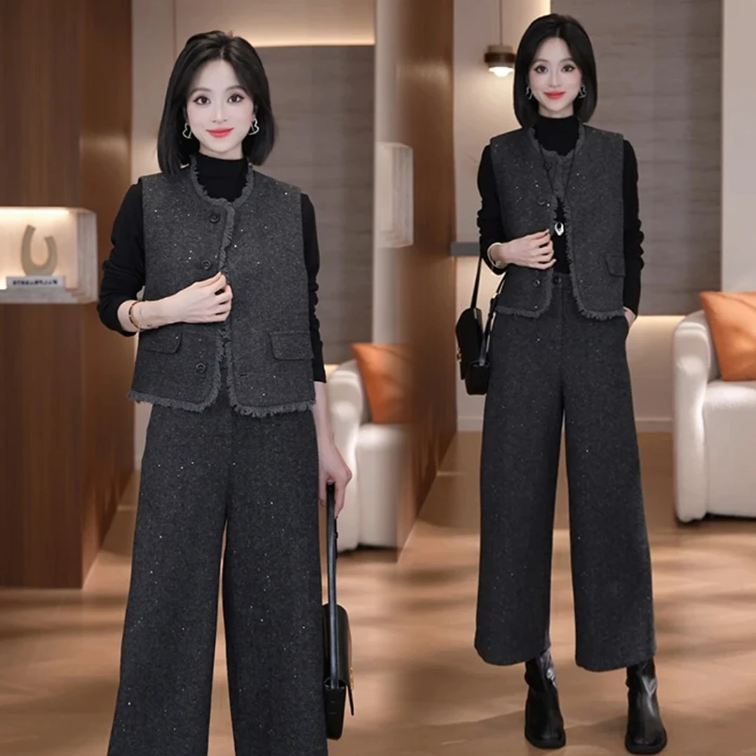 时尚小香风套装女2025秋季新款洋气显瘦马甲打底衫阔腿裤三件套潮