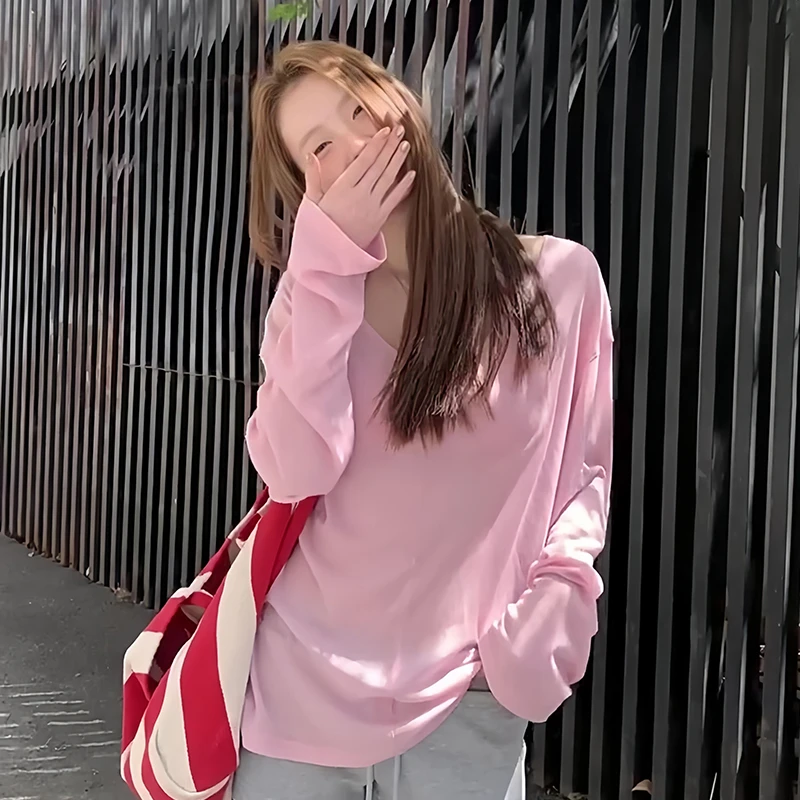 韩系时尚休闲薄款罩衫T恤女2025夏季新款慵懒风简约百搭长袖上衣