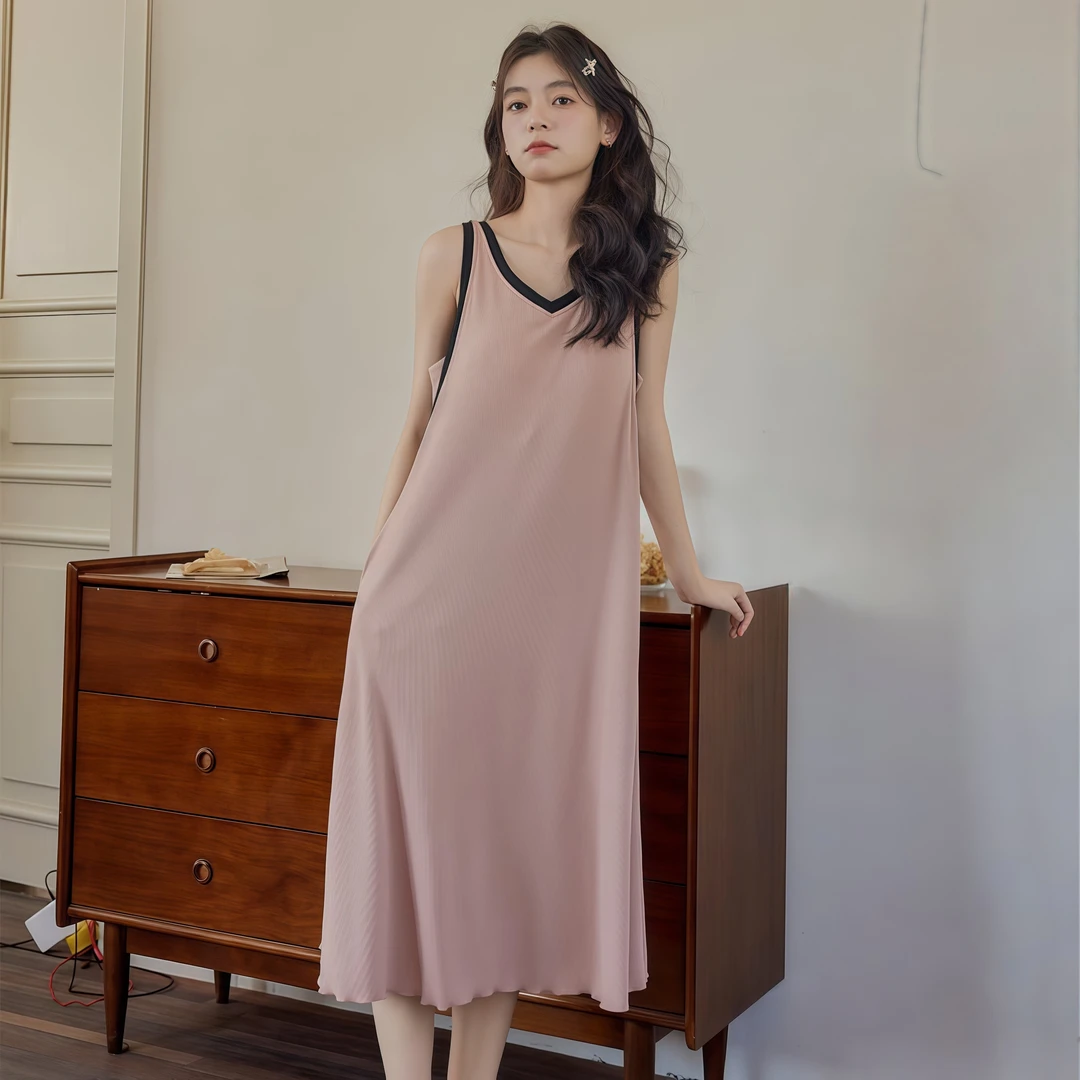 夏季新款冰丝螺纹凉感背心纯色带胸垫睡裙休闲舒适可外穿
