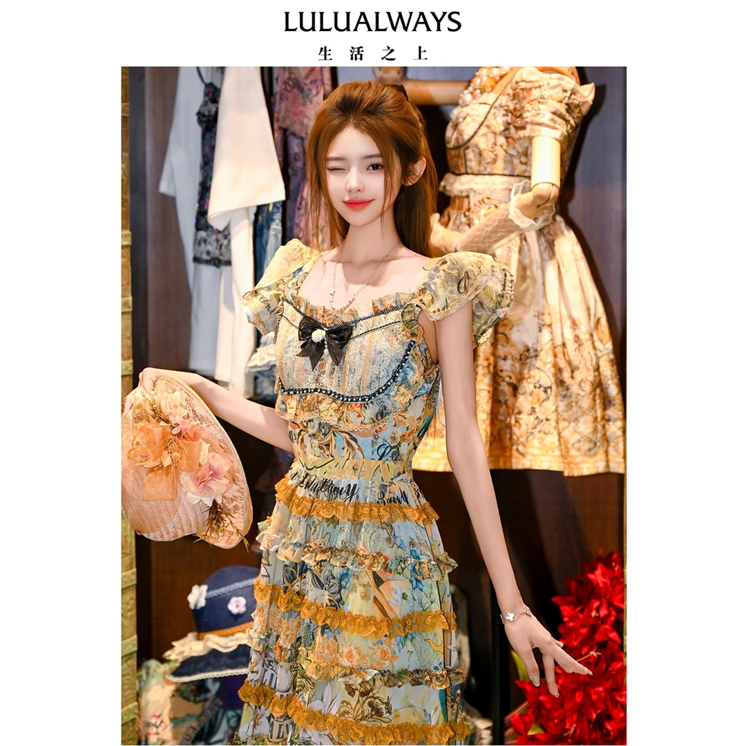 LULUALWAYS【商场同款】25夏季新款优雅复古方领荷叶边蛋糕连衣裙
