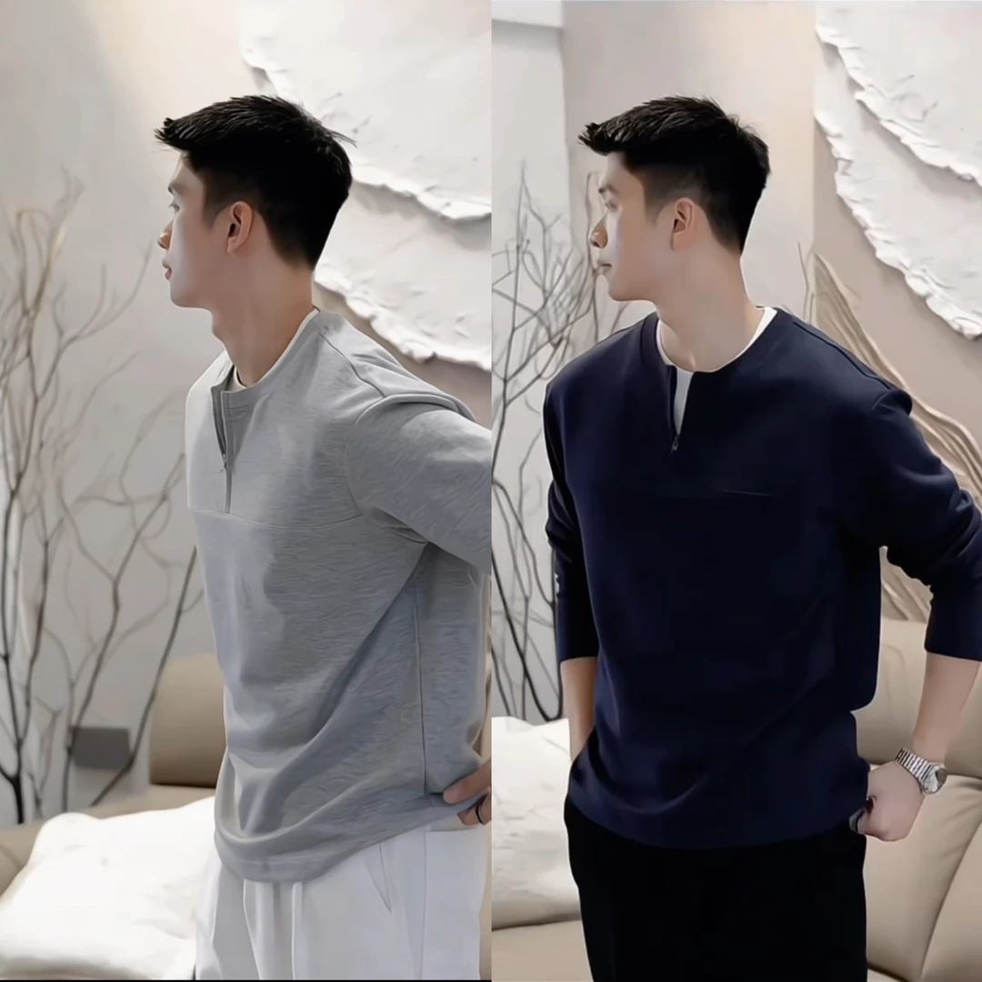 2025春季运动假两件半拉链拼接内衬简约双纱棉宽松休闲长袖T恤