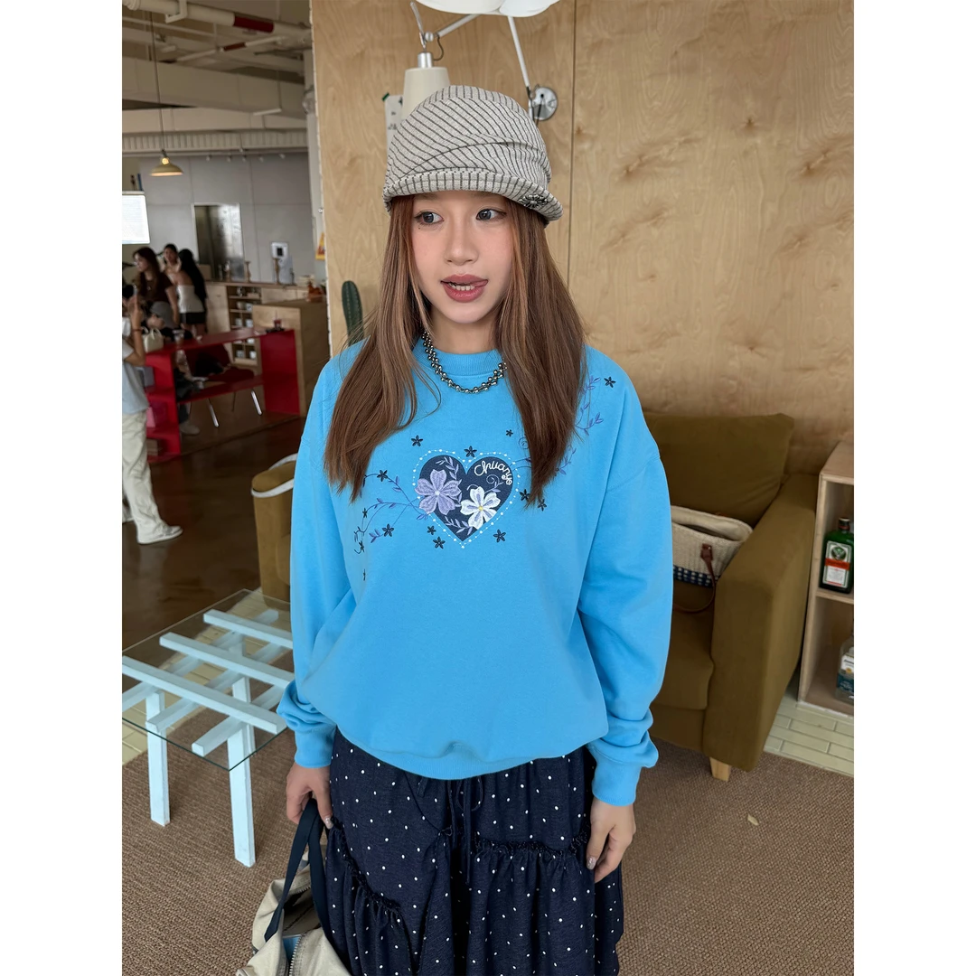 川川也家美式复古毛圈花卉刺绣套头卫衣宽松休闲ins上衣春秋