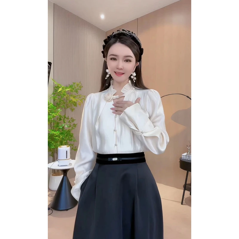 【深圳米熙儿】法式轻奢设计感小众手盘玫瑰花复古百搭衬衣衬衫Y129