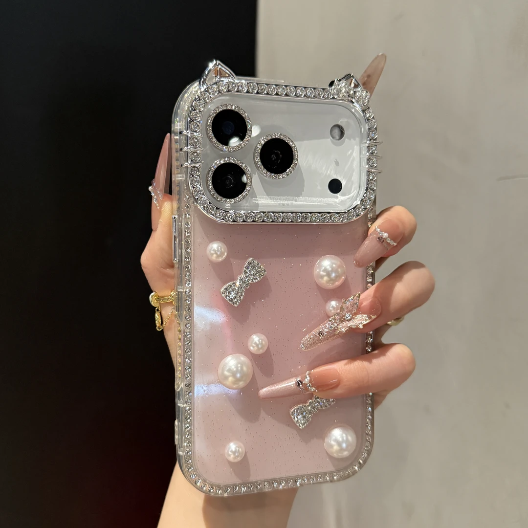 高级双面镶钻珍珠猫咪适用苹果17promax手机壳iPhone16pro时尚15
