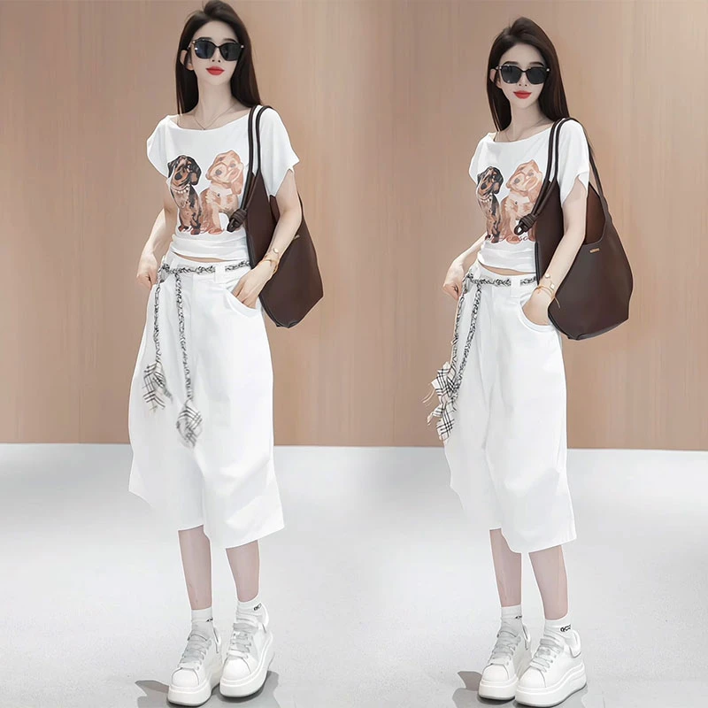2025年美式显瘦个性套装可爱小狗短袖T恤百搭短裤子时尚两件套装