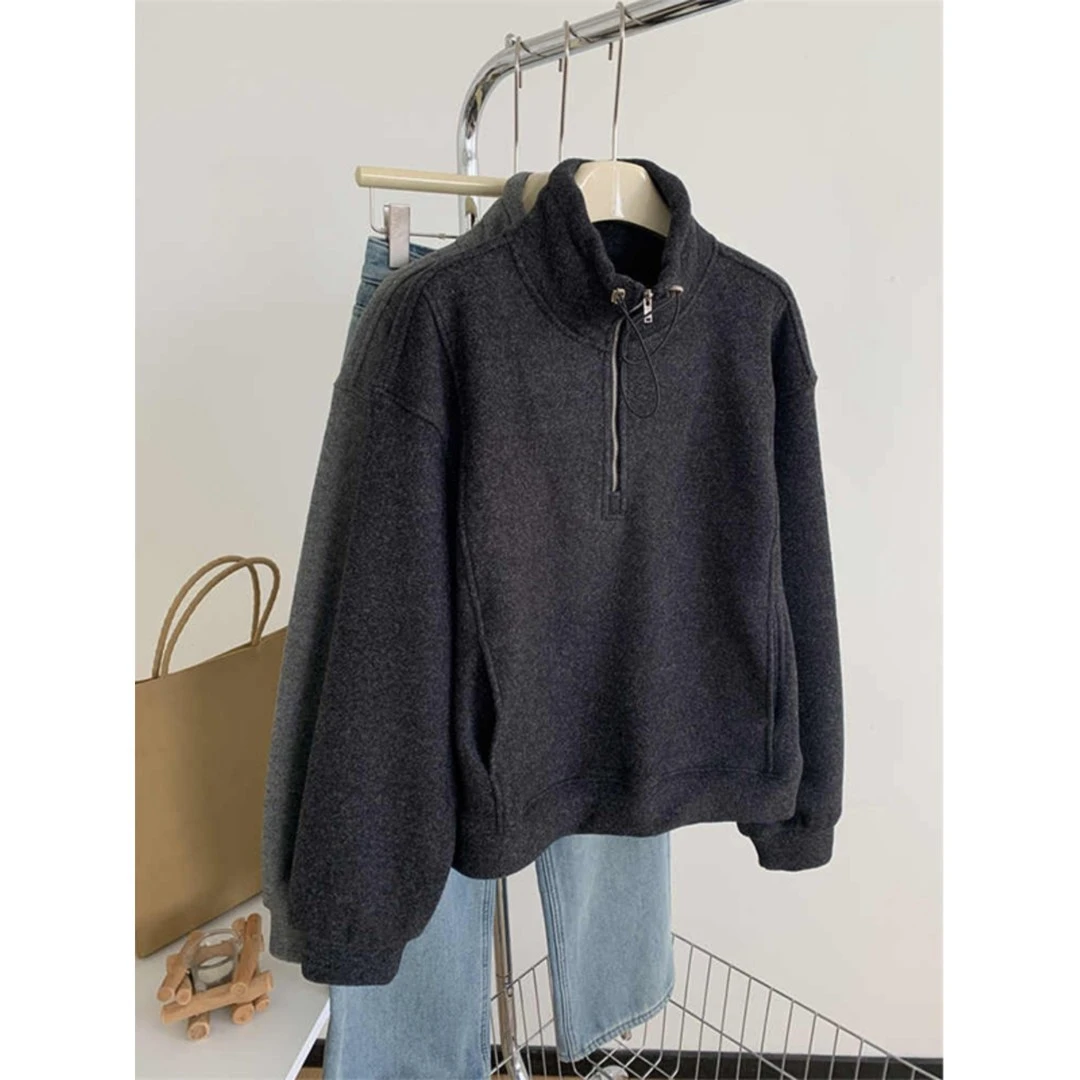 卫衣女加绒加厚2025新款冬季高级感灰色立领半开拉炼宽松休闲上衣