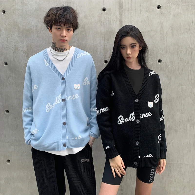 SoulSense时尚潮牌百搭休闲男女同款满印宽松开衫针织毛衣