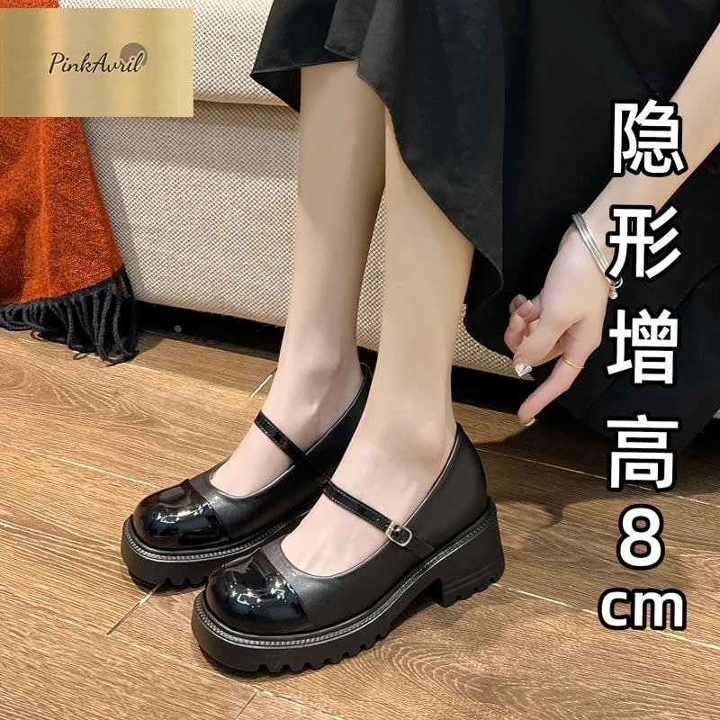 PinkAvril玛丽珍小皮鞋女2025秋冬季新款内增高厚底一字带小香风