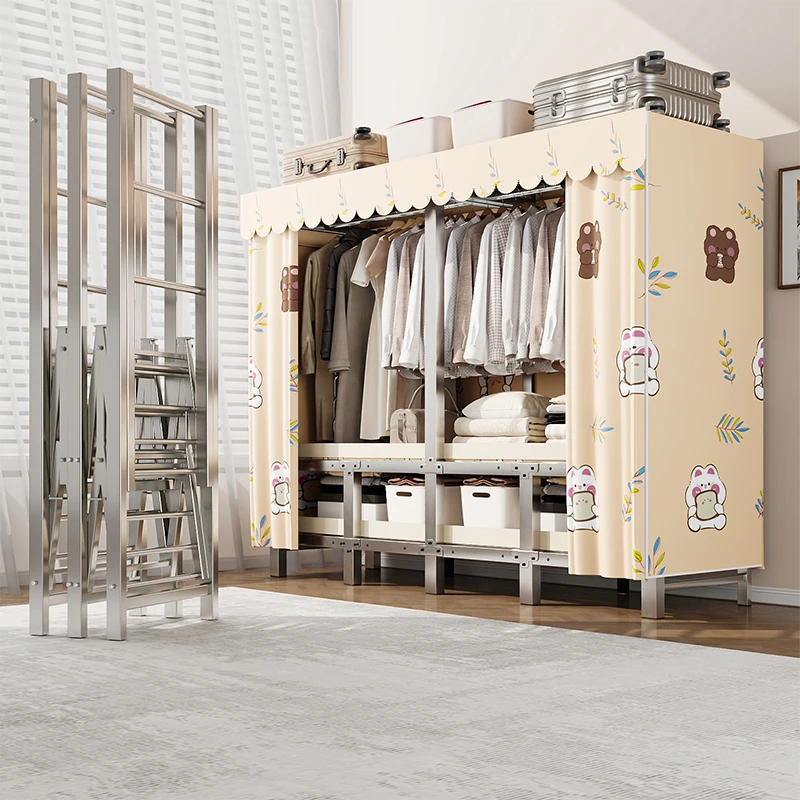 折叠免安装简易衣柜家用卧室布衣柜出租房用折萱全钢架结实耐用柜