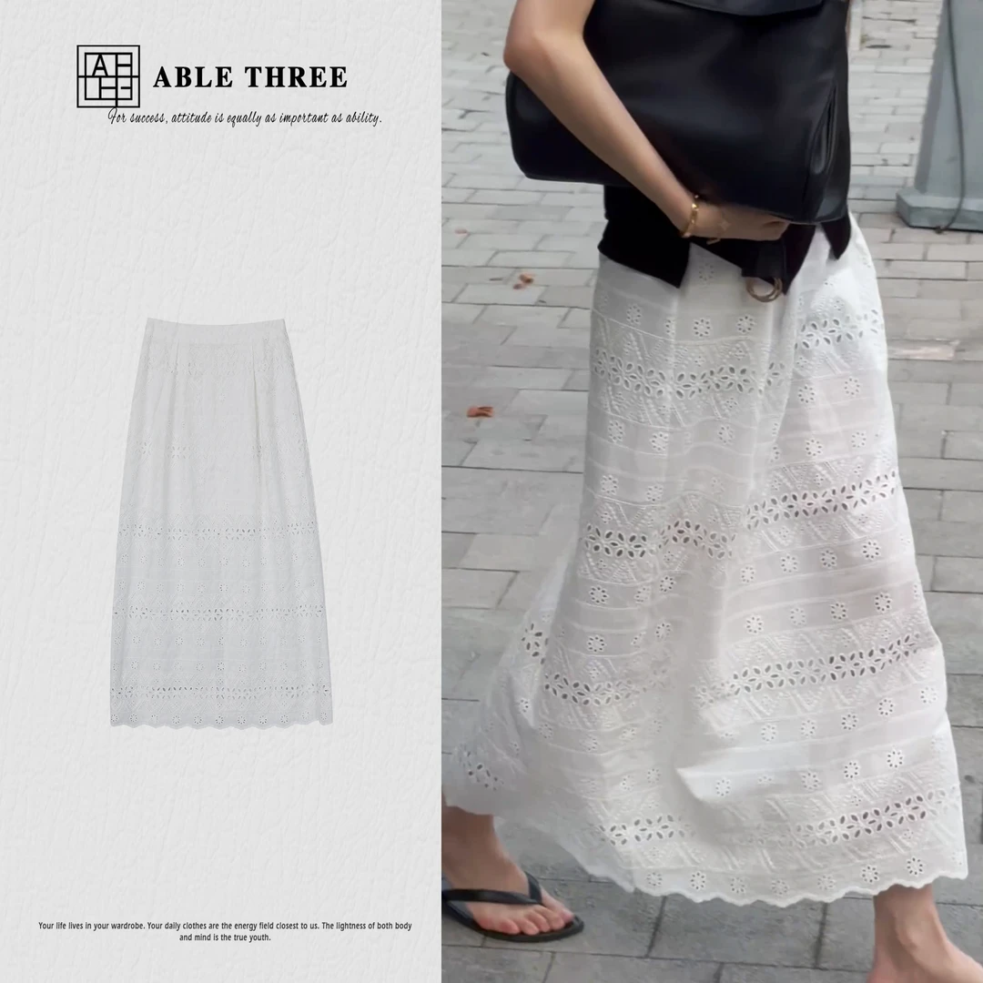 ABLE THREE【重花】高腰重工绣花白色半裙 FD-SS9126