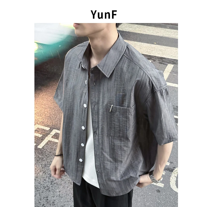 【YUNF】夏季短袖衬衫垂感微阔条纹冰丝时尚凉感透气半袖衬衣男8029