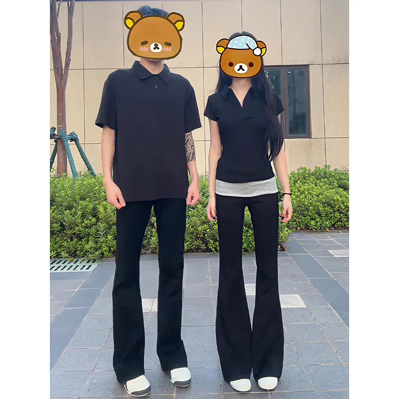 黑色美式微喇牛仔裤男女夏季薄款高街vibe情侣裤子显瘦窄版直筒裤