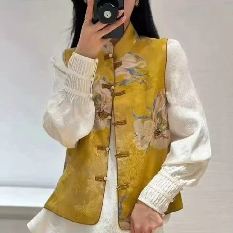 新中式国风女装薄款提花时尚花卉马夹文艺民族风复古立领双层印花