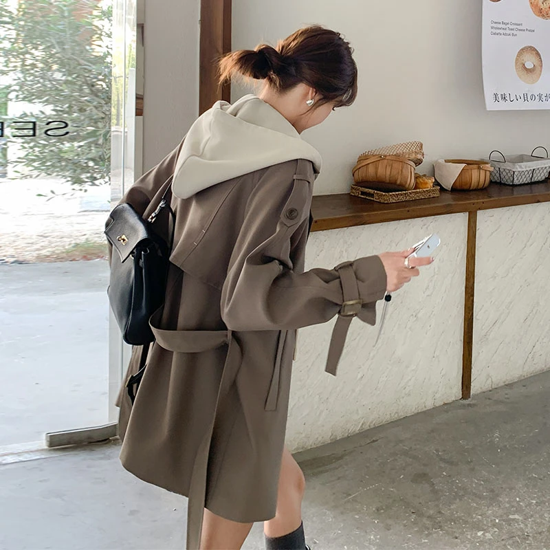 韩系假两件连帽风衣外套女2025春款新款今年流行英伦风小个子上衣