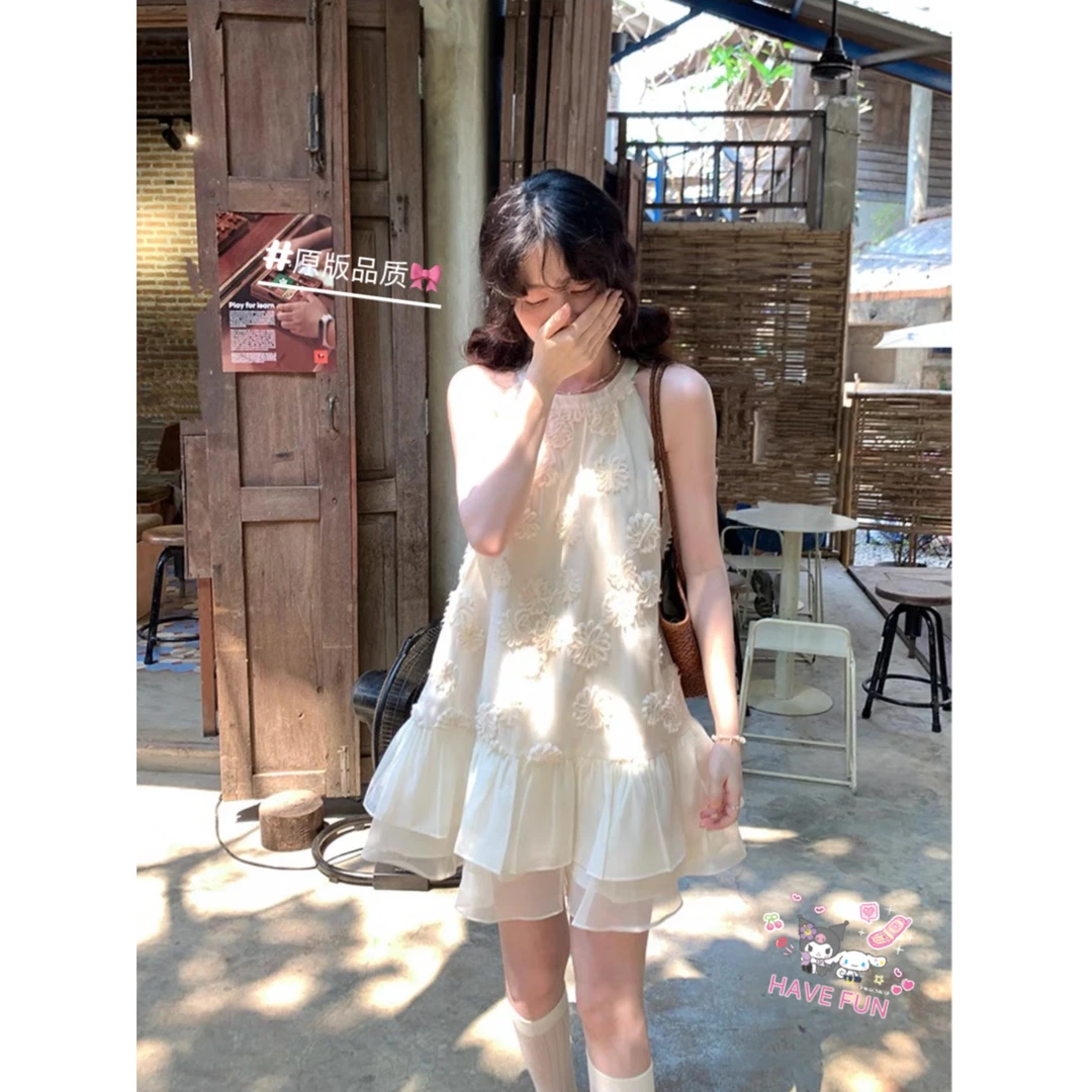 【有运费补贴】立体花朵气质收腰显瘦挂脖连衣裙女夏无袖短裙子