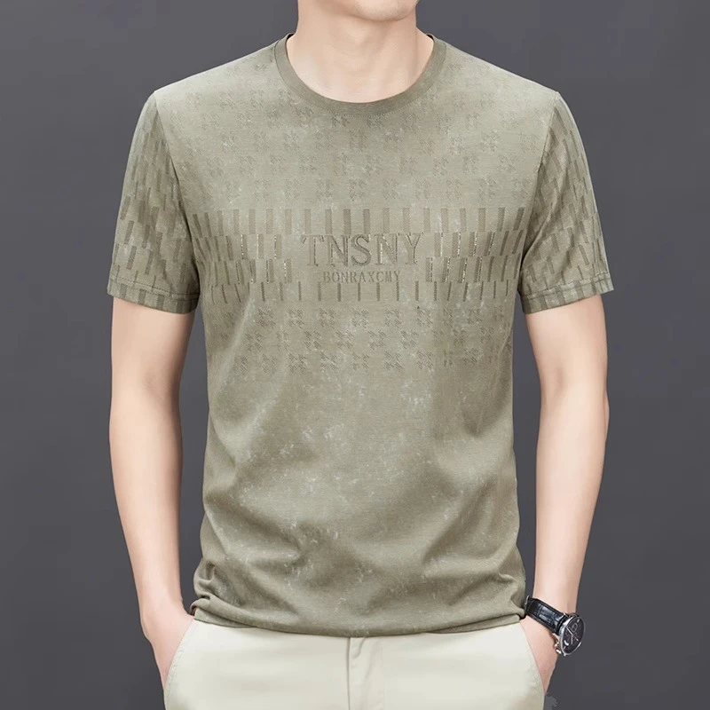 新款男士夏季短袖t恤桑蚕丝圆领半袖冰丝凉感透气薄款烫钻打底衫