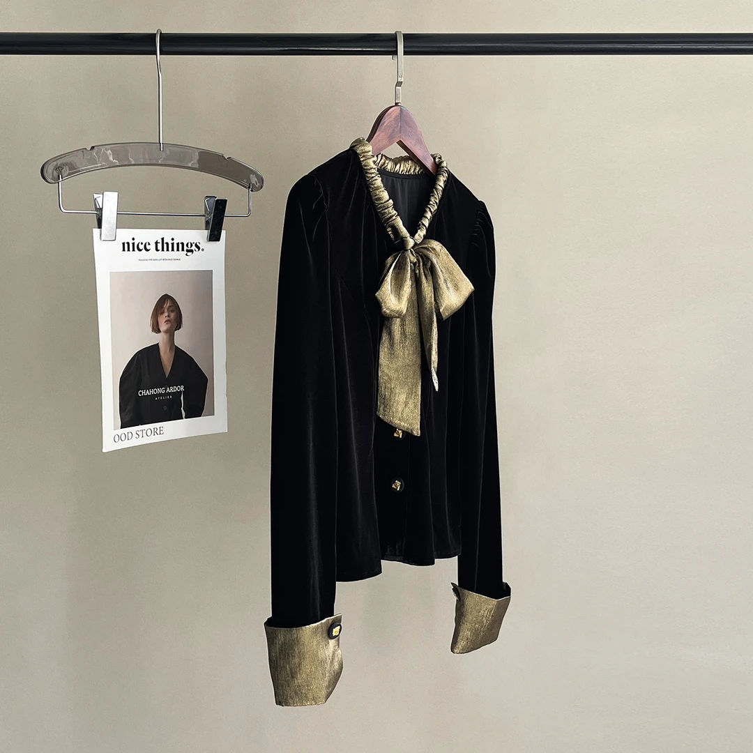 法式高级感打底衫女装秋冬新款丝绒拼接别致气质收腰显瘦秋冬上衣