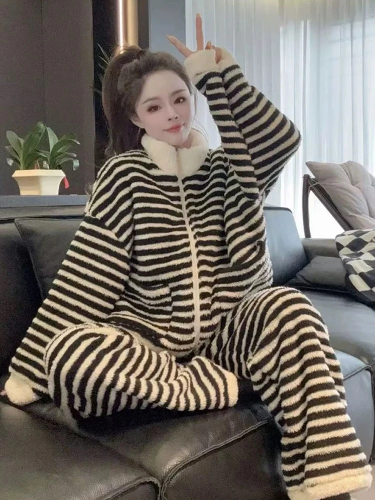 【加厚条纹】冬款睡衣带袖子毛绒睡衣加厚可外穿休闲韩版宽松显瘦