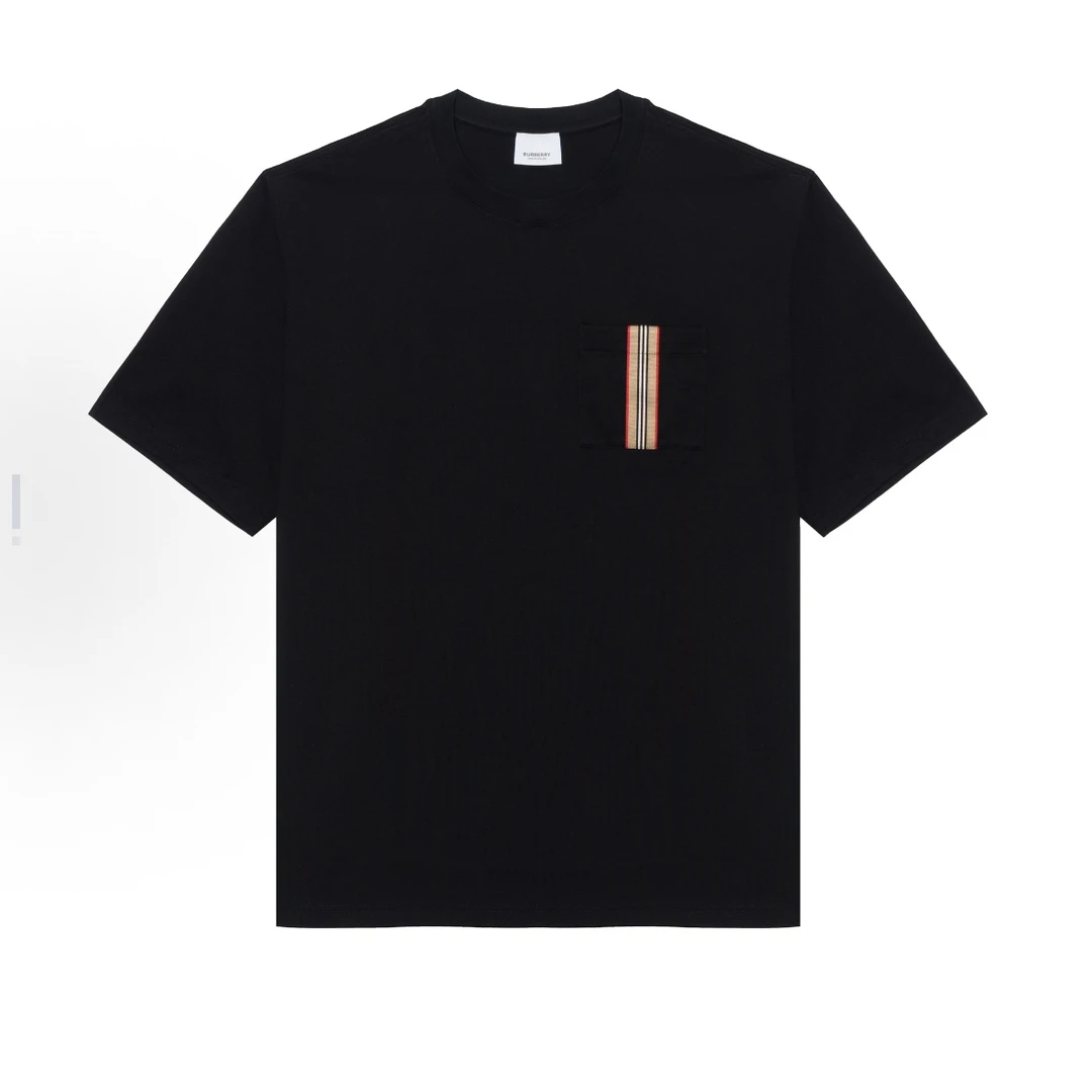 全新未使用 BURBERRY/博柏利 黑色口袋彩色条纹圆领休闲短袖T恤