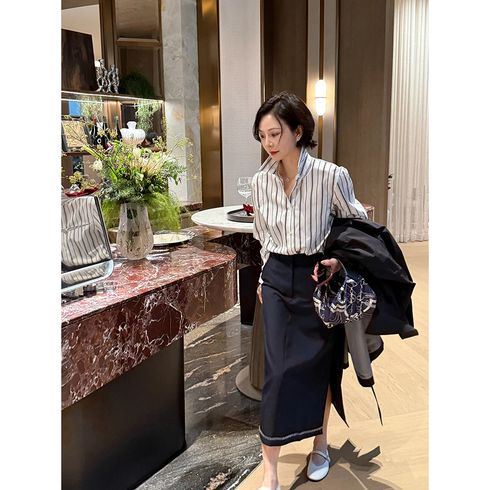 SHIIEELL2025新款气质品质纯色精纺羊毛手缝订白线层次中裙Z8134