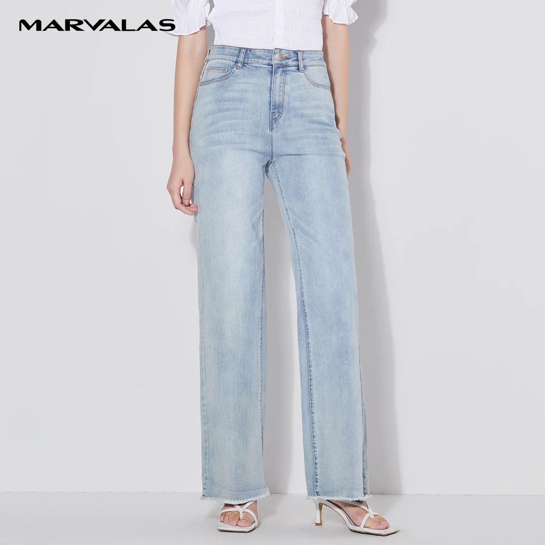 曼德诗女秋季牛仔裤可调节阔腿裤显瘦宽松欧若动感风M130879