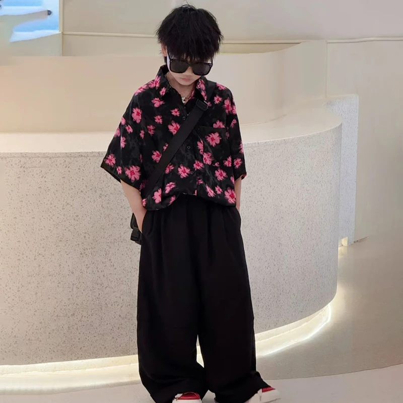 中大童夏季休闲时尚男女童洋气大花冰感衬衫沙滩风度假两件套潮酷