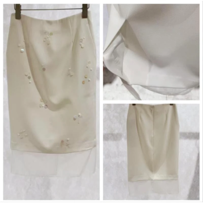 新款女装精致珠片拼纱直筒立体钉珠花朵短款包臀裙M54BQ45-0023