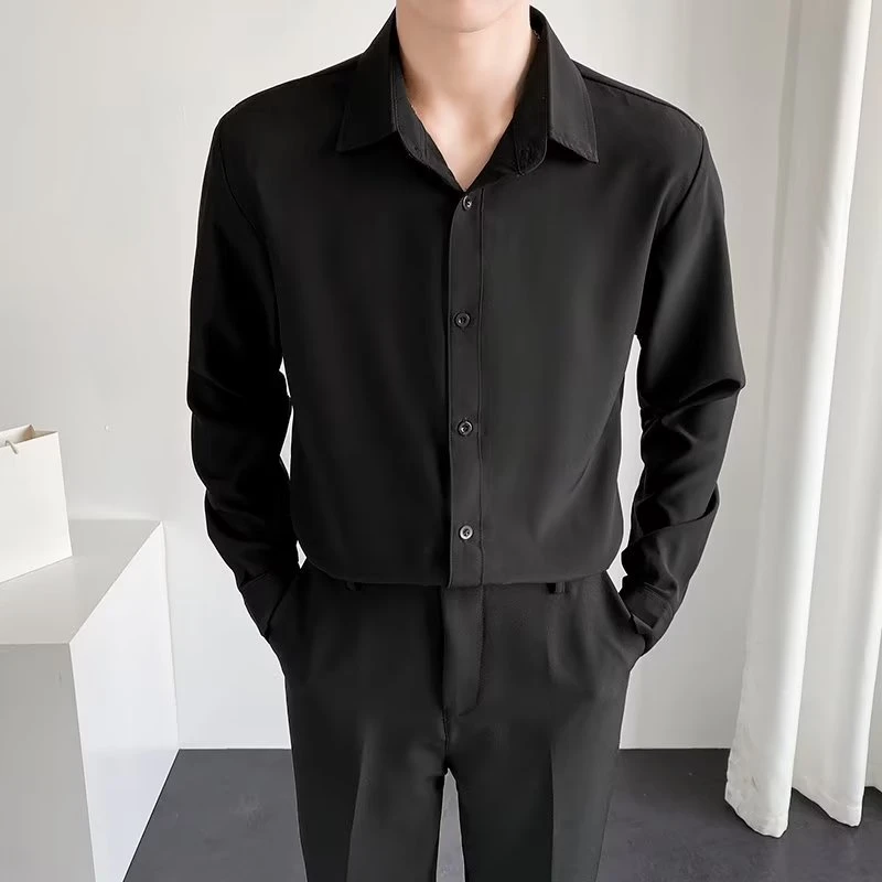 春秋季宽松时尚修身长袖潮流上衣帅气痞帅对襟黑色韩版商务衬衫男