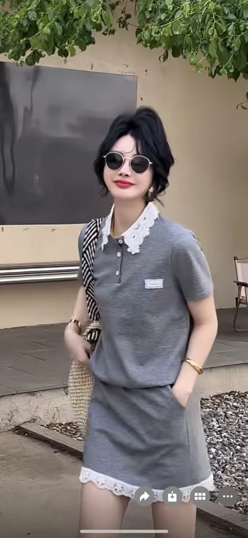 法式条纹时尚polo减龄时尚套装休闲假两件短袖通勤风