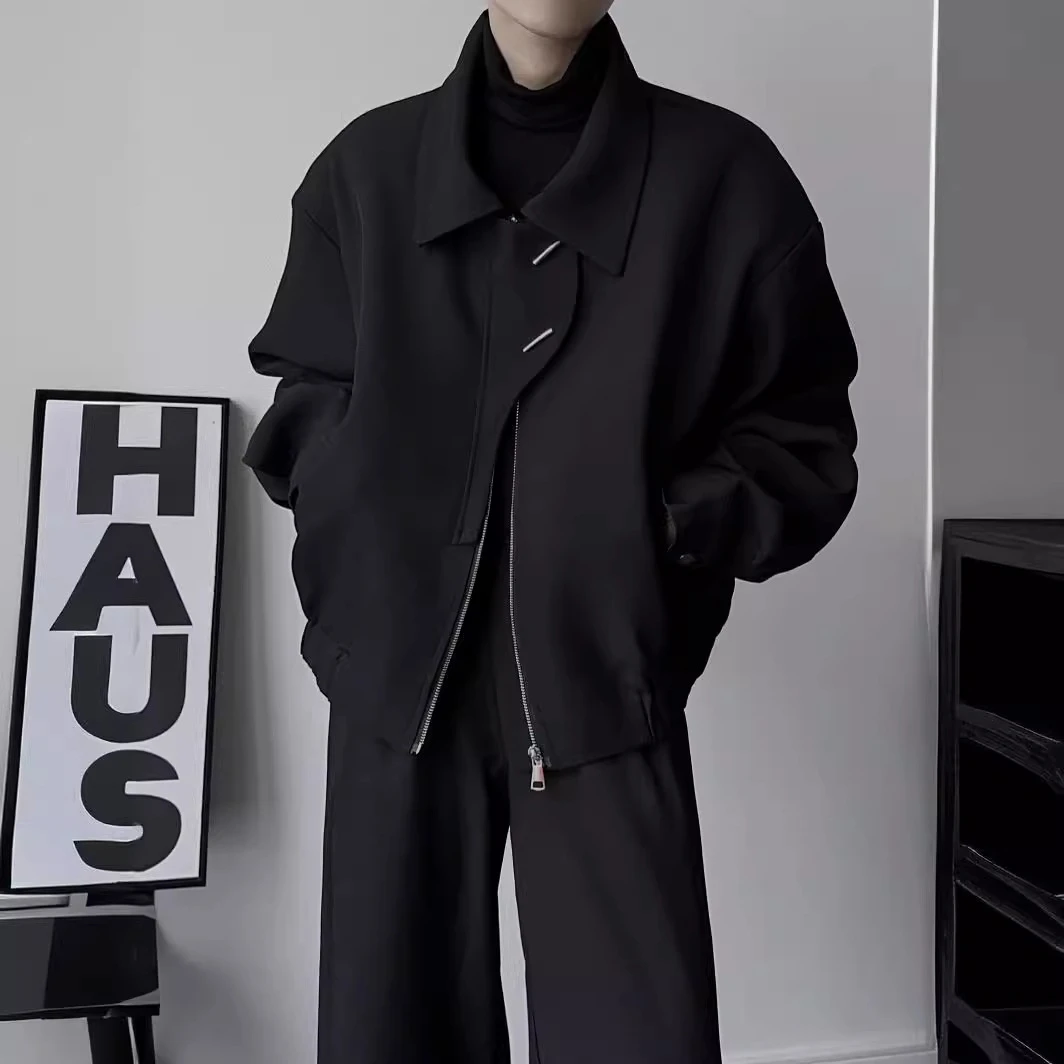 个性时髦高级感黑色翻领男韩版简约宽松休闲百搭短款夹克痞帅