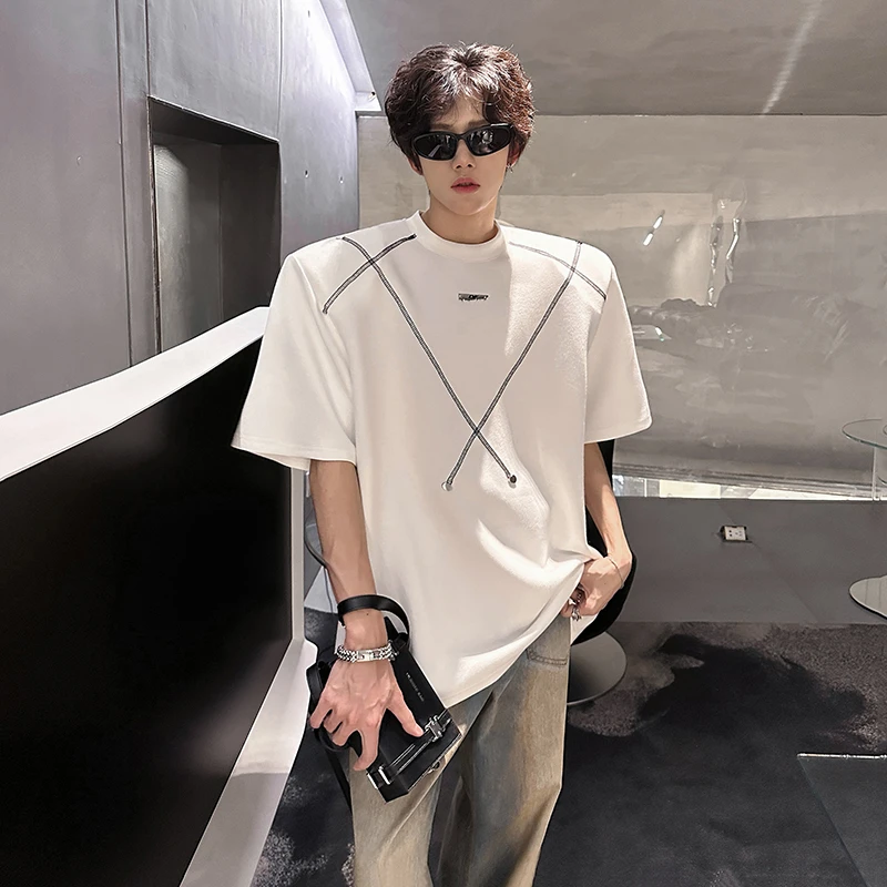 明线铆钉重磅垫肩短袖t恤男夏季美式高街潮牌痞帅高级感五分半袖