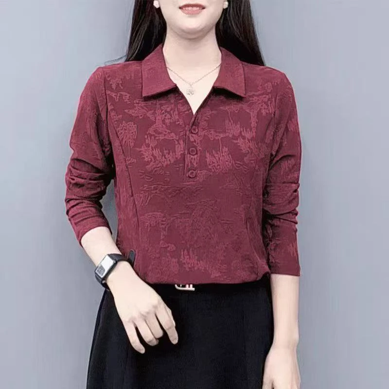 中老年女装春季大码长袖翻领t恤减龄妈妈装宽松休闲提花气质衬衫