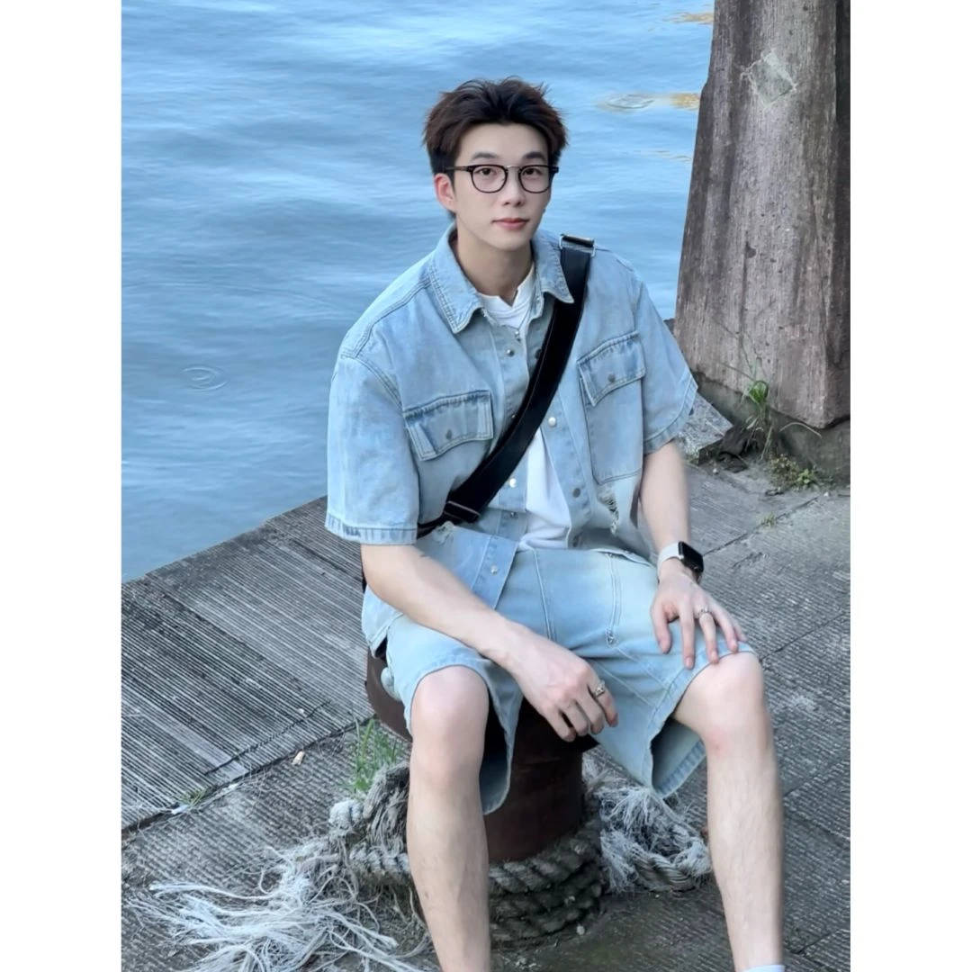 美式潮牌牛仔衬衫水洗休闲衬衣外套牛仔裤五分裤搭配一套