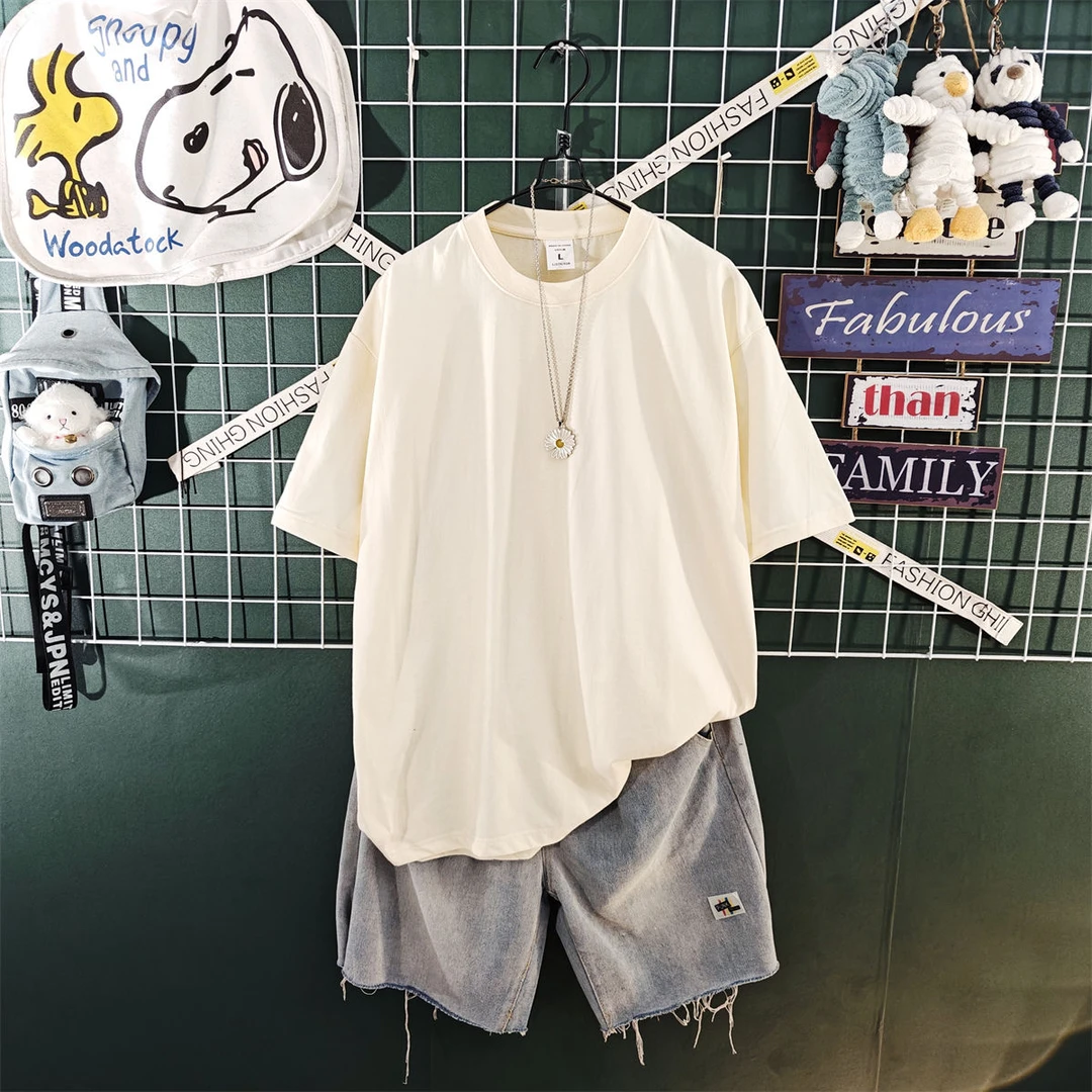 300G纯棉重磅短袖t恤夏季宽松休闲两件套装男生痞帅气穿搭一整套