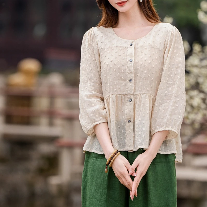 复古苎麻满绣内里包边圆领娃娃衫女夏新款文艺百搭显瘦休闲衬衣