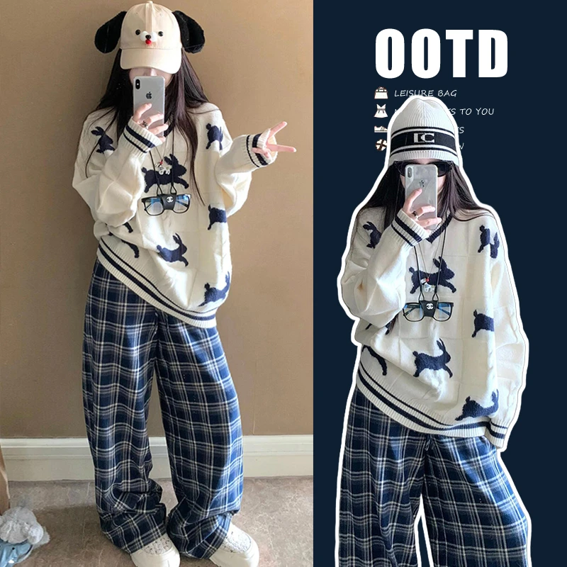 孕妇装秋冬时尚宽松显瘦气质减龄气氛毛衣软糯外套经典格纹裤套装