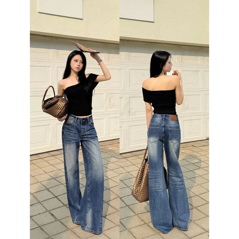 鲸屿Whale新款设计感夏季辣妹外穿中腰宽松小众复古阔腿牛仔裤女