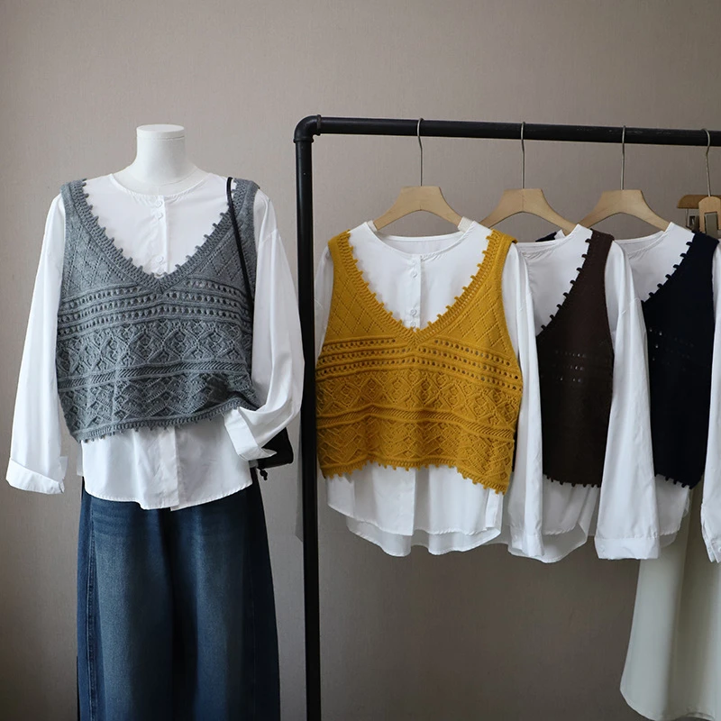 [比正]秋季新韩版时尚两件套圆领衬衫上衣衬衣外搭针织马甲背心女