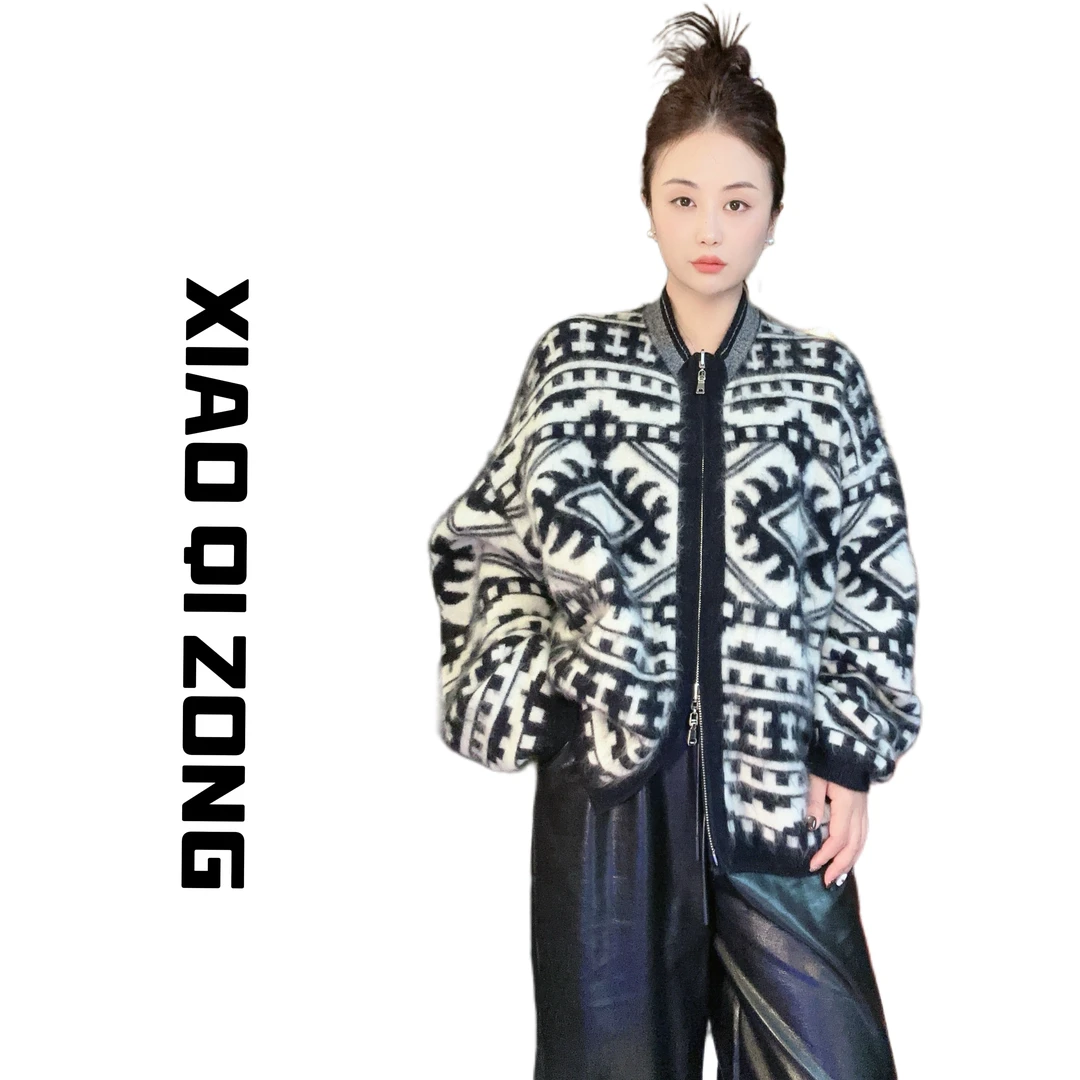 【小琪总】提花厚款保暖发热圆领毛针织衫开衫条纹时尚秋冬ZYXF982