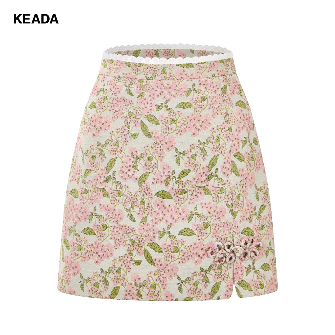 KEADA半身裙新中式盘扣蕾丝花边清新碎花少女感半裙KSN3073475