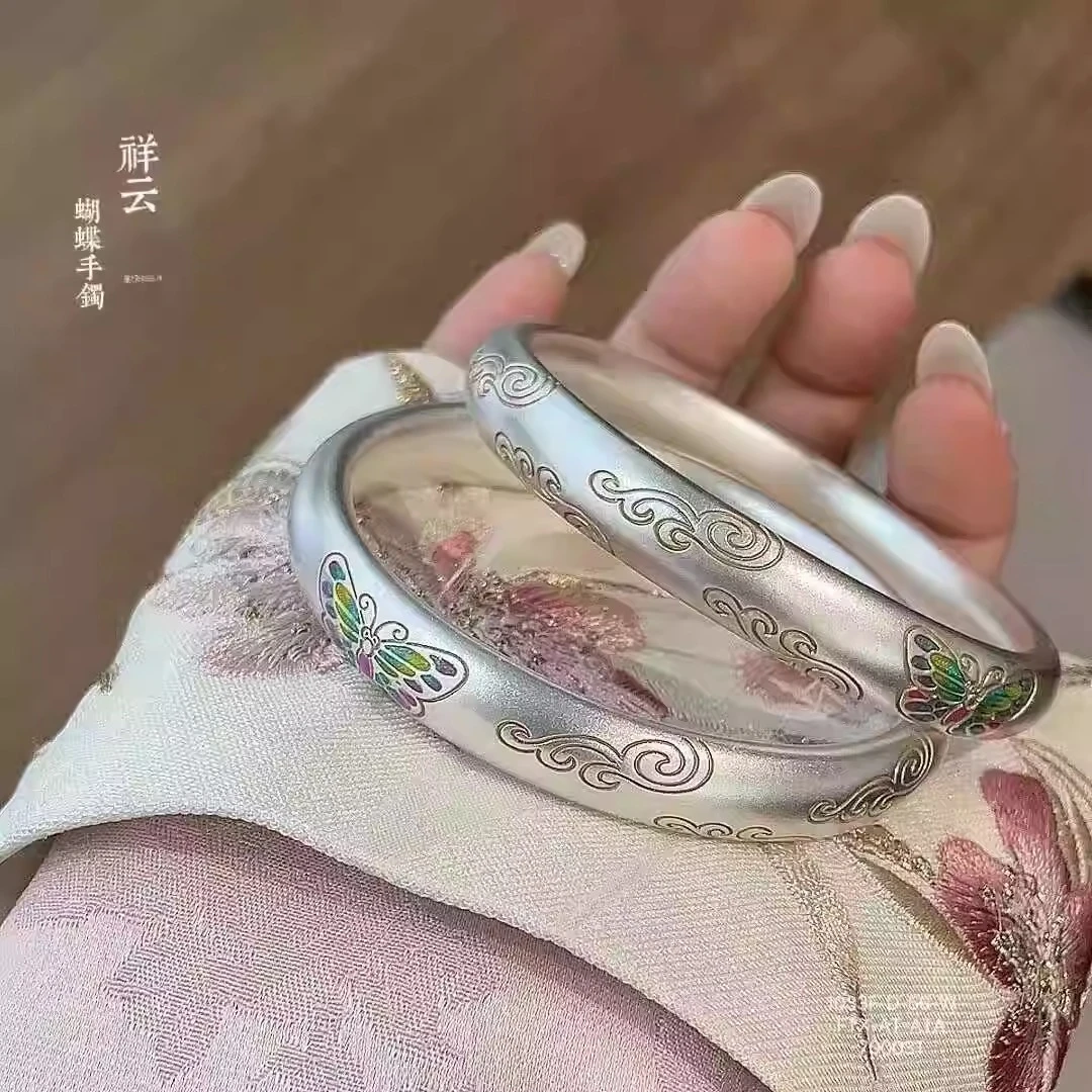 足银手镯 足银999.9描金珐琅彩祥云蝴蝶闭口手镯送女友妈妈的礼物