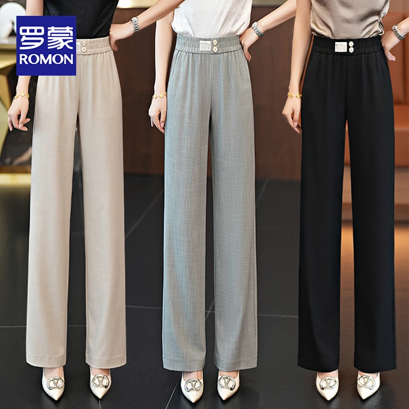 罗蒙女装高腰显瘦冰丝直筒裤2025夏薄款女宽松百搭窄版阔腿裤
