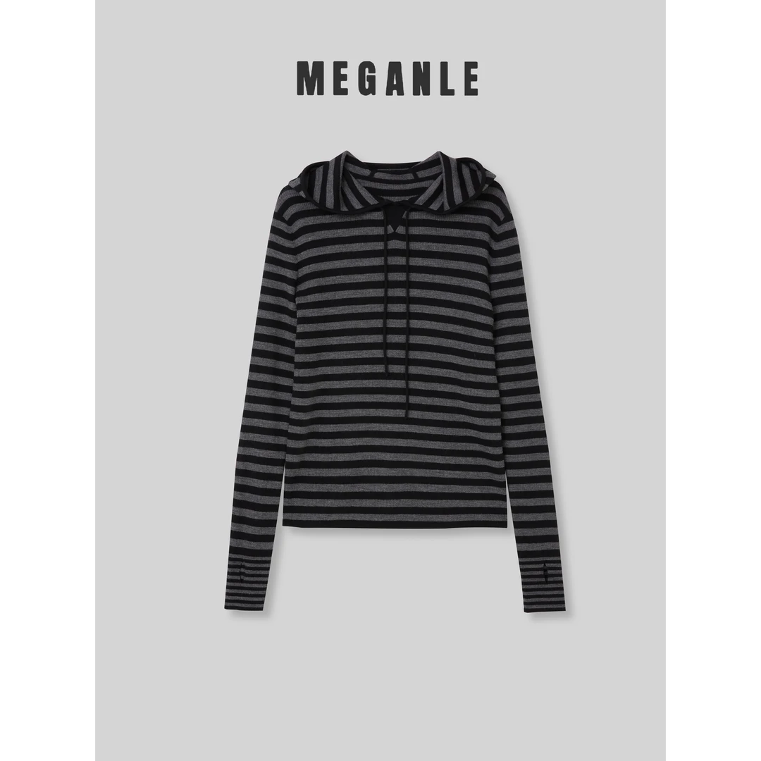 【MEGANLE】美式条纹 秋冬复古百搭连帽抽绳长袖针织上衣2024193