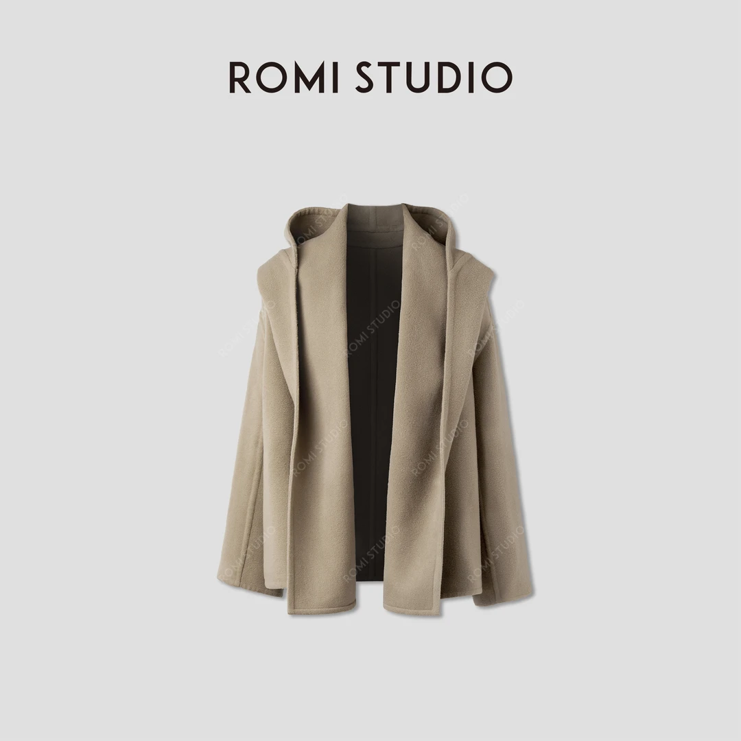 ROMI STUDIO"棕标系列"羊毛绒感 | 双面呢连帽气质大衣RWCAWG4869