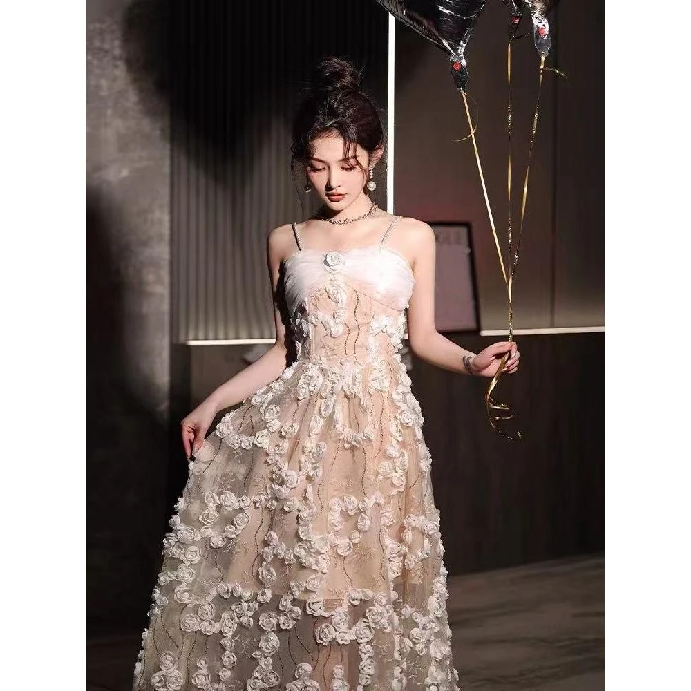 法式蕾丝小晚礼服裙女气质洋装生日连衣裙立体花朵平时可穿高级感
