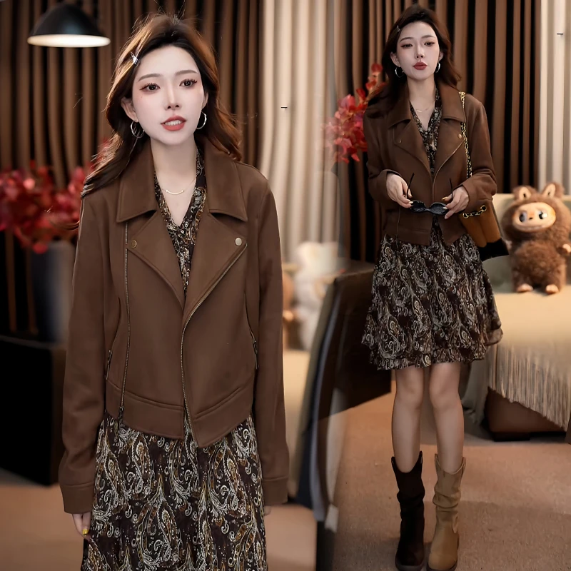 韩版复古时髦翻领简约长袖短外套女2025年秋季轻奢风夹克开衫上衣