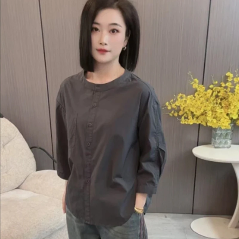 韩版简约圆领衬衫女春夏季新款时尚休闲百搭宽松显瘦薄款小衫上衣